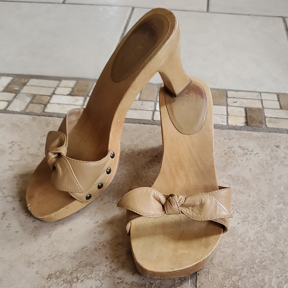 MIA Tan Leather Mules with Bow Detail